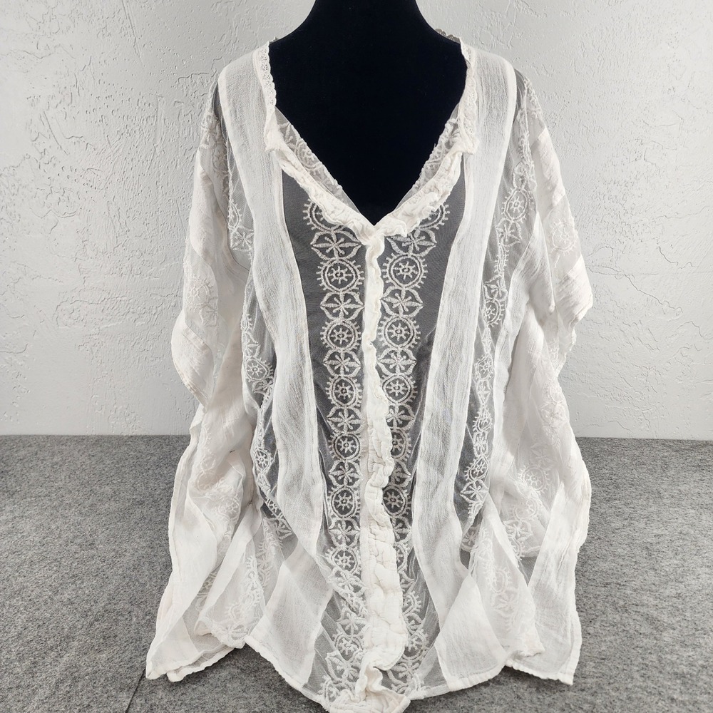 Samson White Sheer Lace Embroidered‎ Ruffle Trim Kimono Cover Up Boho OS